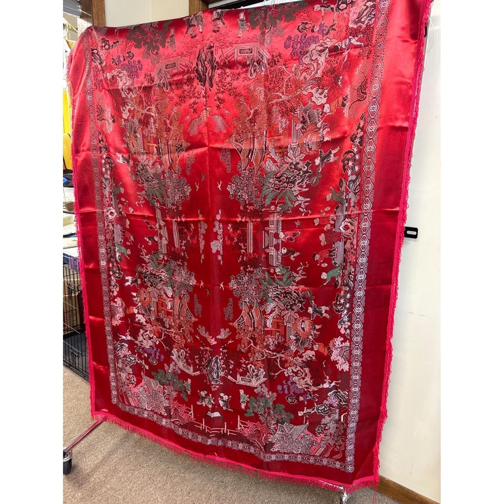 Vintage Chinese Red Silk Brocade Tapestry Bedspread Pagoda Scene Fringe 53x77